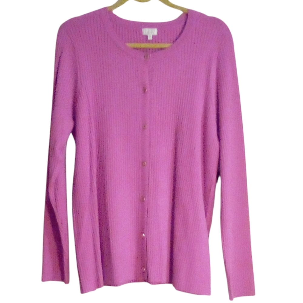 Jaclyn Smith Cardigan Sweater 1X Pink Orchid Barbie Soft Ribbed Stretch Feminine